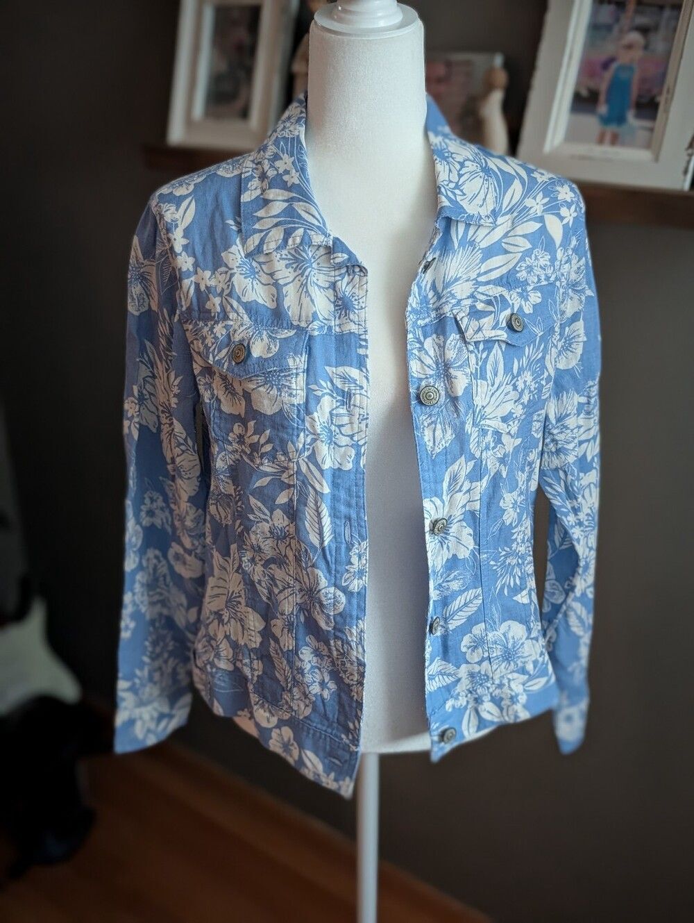NWT C&C California 100% Linen Floral Jacket Coastal Grandma Blue Small
